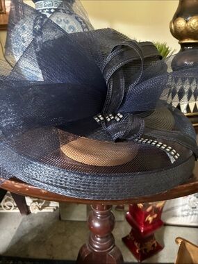 Navy Mesh Fascinator / British Royalty Style with Rhinestone Trim